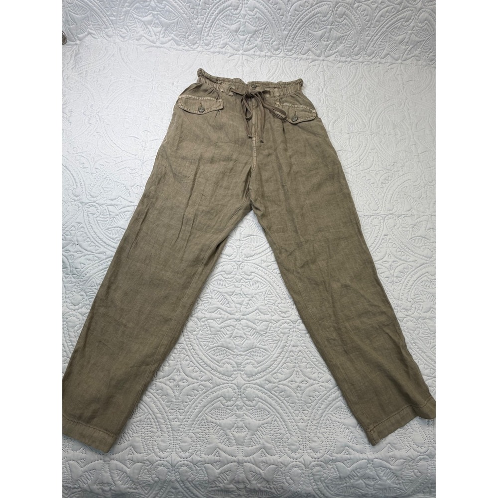 Linen Blend Paperbag Waist Drawstring Utility Pants Olive Green Khaki Relaxed